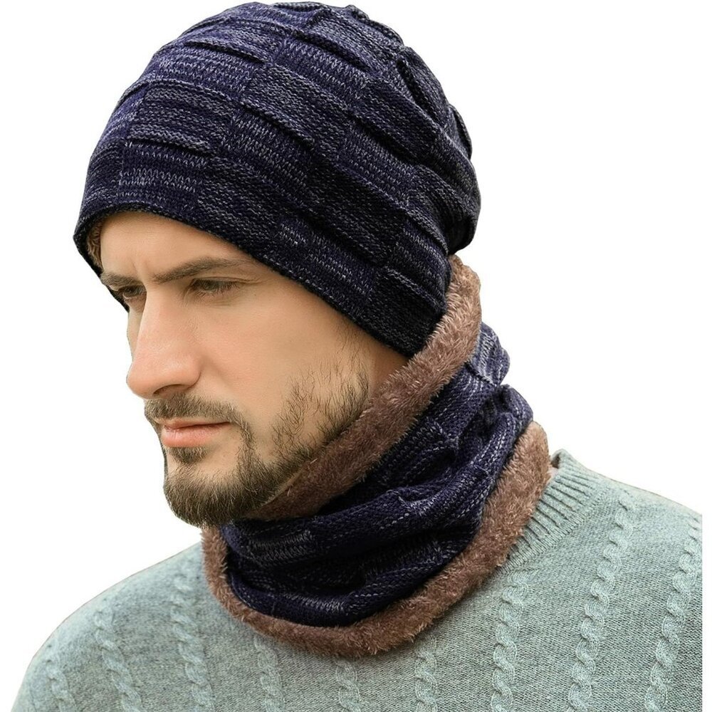 Mens Navy Blue Winter Warm Knit Skull Cap Neck Warmer Fleece Lined Hat Scarf Set